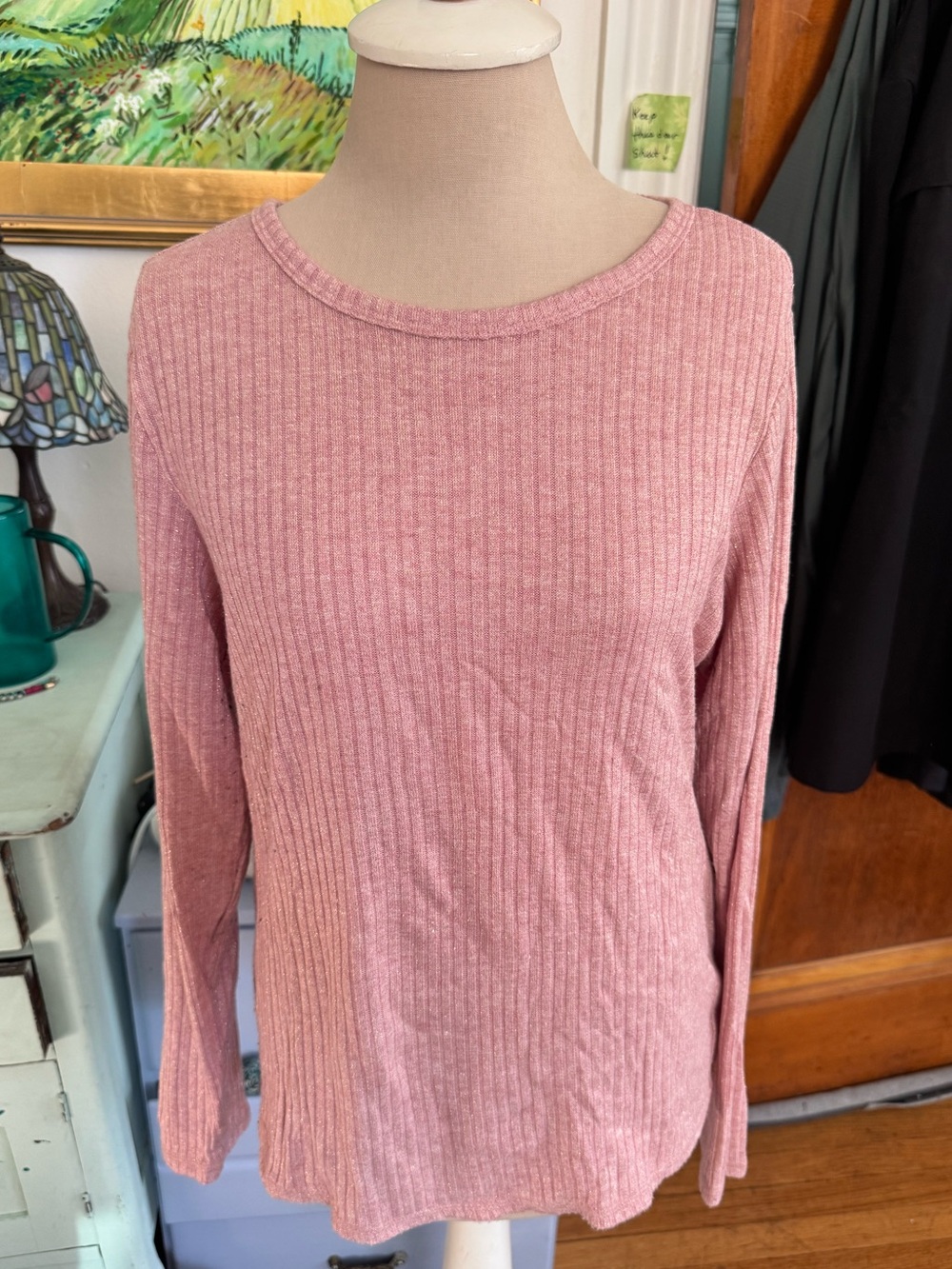 Old Navy Shimmery Rose Pink Ribbed Knit Long Sleeve Top L Stretch Viscose Blend